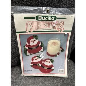 Vtg Bucilla Christmas Plastic Canvas Kit Coasters & Holder Roly Poly Santa NOS